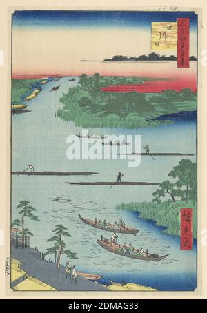 Nakagawaguchi (foce del fiume Nakagawa) dalla serie cento viste di Edo, Ando Hiroshige, giapponese, 1797–1858, stampa a blocchi di legno in inchiostro colorato su carta, questa è una vivace rappresentazione della vita quotidiana sulla tradizionale autostrada di Edo. In primo piano sono due barche a remi con tetto di paglia vicino alle rive del canale, molto probabilmente trasportando merci preziose come il sale, che era una merce che è stata prodotta non troppo lontano da questo luogo. Sopra ci sono tre raftsmen che trasportano carichi di legname, che era il materiale di costruzione primario del Giappone durante questo periodo. Appena sopra l'orizzonte ci sono due barche Foto Stock