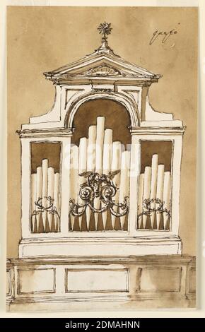 Disegno per un organo, Giuseppe Barberi, italiano, 1746–1809, penna e inchiostro marrone, pennello e lavaggio marrone su carta lastrata biancastra, variante di -1355, il vano centrale essendo incorniciato sopra l'arco. Davanti ai suoi tubi ci sono due rotoli con festoni e due uccelli che bevono da un fiore. Muro colorato, Roma, Italia, 1780-1790, architettura, disegno Foto Stock