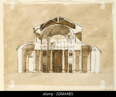 Elevazione di una Chiesa per Monte Vergine, Giuseppe Barberi, italiano, 1746–1809, penna e inchiostro marrone, pennello e lavaggio marrone, inchiostro rosso su carta lignea biancastra, schema a croce con abside. Ordine Doric. Altare nella parte posteriore. Due colonne sul lato anteriore dell'apsi. Cupola, sotto il tetto a sella., Roma, Italia, 1784, architettura, disegno Foto Stock