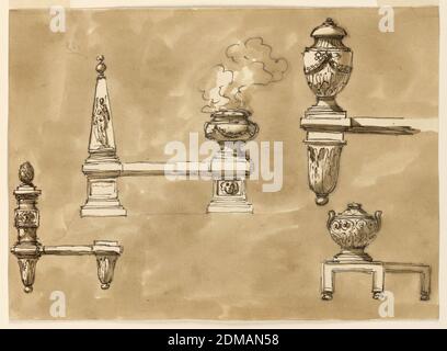 Parafanghi per camino, Giuseppe Barberi, italiano, 1746–1809, penna e inchiostro marrone, pennello e lavaggio marrone su carta defilata biancastra, foderata, bozzetti di andirons., Roma, Italia, 1746–1809, mobili, disegno Foto Stock