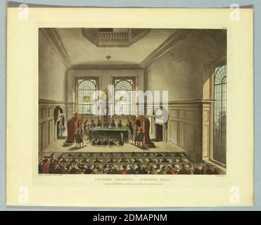Disegno della lotteria: Coopers Hall, da 'Ackermann's Repository', Thomas Rowlandson, British, 1756–1827, Augustus Charles Pugin, francese, attivo Gran Bretagna, ca. 1762–1832, Joseph Constantine Stadler, tedesco, 1780 - 1822, Aquatint, pennello e acquerello su carta, onlookers di primo piano; poi tre file di uomini in una fossa, con fogli di tally. Il gioco della lotteria sul palco sopra, con giudici e chiamanti. Titolo, artisti e nomi degli editori qui sotto., Europa, Londra, Inghilterra, 1809, Stampa Foto Stock
