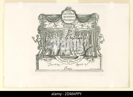 Biglietto per "The Author's Benefit Pasquin", A.M. Irlanda, William Hogarth, inglese, 1697 - 1764, incisione su carta, incisione dopo un disegno a penna. Una tappa su un podio. Sul palco in primo piano attori e attrici., Inghilterra, 1736-1794, Stampa Foto Stock