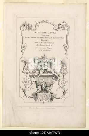 Title Page from 'Toisieme Livre Contenant Des Frises ou Paneaux en longueur Inventés Par G. M. Oppenort Architecte du Roi et Gravés par Huquier', Gilles-Marie Oppenord, francese, 1672–1742, Gabriel Huquier, francese, 1695–1772, incisione su carta, titolo, nella parte superiore della pagina; sotto di esso su un piedistallo due putti abbracciando. Il tutto incorniciato da un delicato disegno di tendini, volute e maschere. Iscritto al centro: "Titolo; in alto a sinistra: "C"; in alto a destra: "1"; in basso: "A Paris chez Huquier vis-à-vis le Grand Chatelet"., Francia, dopo il 1751, Stampa Foto Stock