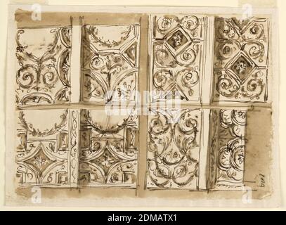 Design per decorazione soffitto, Giuseppe Barberi, 1746–1809, penna e inchiostro marrone, pennello e lavaggio marrone su carta lignata biancastra, Roma, Italia, 1746-1809, interni, disegno Foto Stock