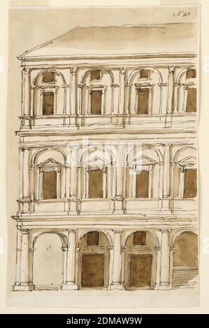 Elevazione di un palazzo comunale, Giuseppe Barberi, italiano, 1746–1809, penna e inchiostro marrone, pennello e lavaggio marrone su carta defilata biancastra, foderata, elevazione di un palazzo comunale, probabilmente per il Palazzo Braschi alle Convertite o, più probabilmente, per il Palazzo Altieri., Roma, Italia, 1746–1809, architettura, disegno Foto Stock