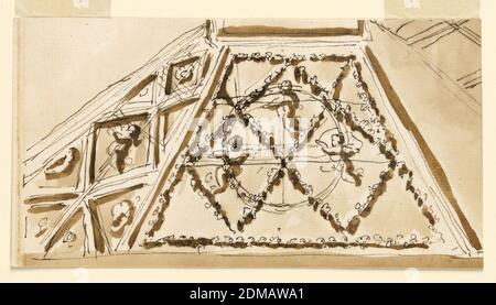 Design per decorazione a soffitto, Giuseppe Barberi, 1746–1809, penna e inchiostro marrone, pennello e lavaggio marrone su carta lignata biancastra, Roma, Italia, 1746-1809, interni, disegno Foto Stock