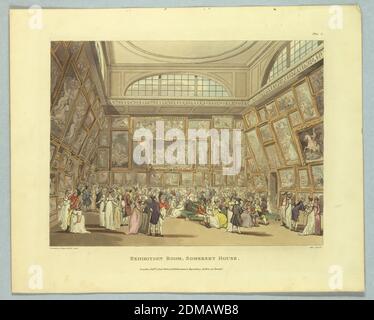 Sala espositiva, Somerset House, da 'Ackermann's Repository', Thomas Rowlandson, British, 1756–1827, Augustus Charles Pugin, francese, attiva Gran Bretagna, ca. 1762–1832, John Hill, British, attivo negli Stati Uniti, 1770 - 1850, Aquatint, pennello e acquerelli su carta, camera affollata con divani. I dipinti coprono lo spazio delle pareti fino alle alte finestre. Titolo, artisti e nomi degli editori qui sotto., Europa, Londra, Inghilterra, 1808, Stampa Foto Stock