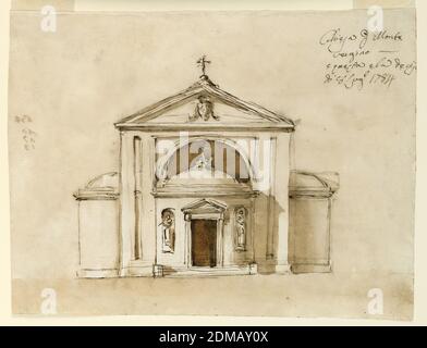 Elevazione di una Chiesa per Monte Vergine, Giuseppe Barberi, italiano, 1746–1809, penna e inchiostro marrone, pennello e lavaggio marrone, inchiostro rosso su carta lignea biancastra, gradini portano alla porta in un abside che è fiancheggiato da statue in nicchie. Due angeli si accovacciano accanto ad una croce sulla sommità della cupola e davanti ad una finestra semicircolare. Frontone triangolare con un'apertura all'interno e una croce sulla parte superiore. Abside lateralmente. Recto: Variazione del disegno su Obverse. Incompiuto., Roma, Italia, architettura, disegno Foto Stock