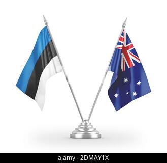 Bandiere da tavolo per Australia ed Estonia isolate sul rendering 3D bianco Foto Stock