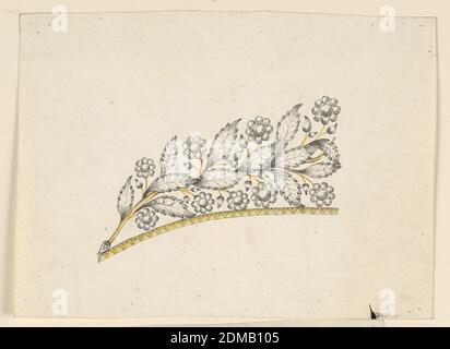 Deisgn per un Diadem, penna e inchiostro, pennello e giallo, grigio, marrone chiaro acquerello, grafite su carta, disegno per un diadem che mostra la metà sinistra della corona o tiara. Un ramo con foglie curve, e gambi con gemme e fiori. Sulla prima foglia inferiore a sinistra si suggerisce alternativamente una forma non naturalistica con file di diamanti, probabilmente Napoli, Italia meridionale, Italia, 1825–50, gioielli, disegno Foto Stock