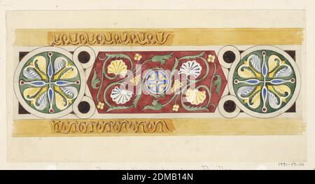 Design for Decorative Panel for July Festival Architecture, Félix-Jacques Duban, French, 1798 - 1870, pennello e acquerello, penna e inchiostro nero, grafite, gouache su carta biancastra montata su carta biancastra, geometric Oriental design rosso, verde, blu, oro e nero per i pannelli di dado del padiglione musicale (vedi 1991-17-7). Esagono allungato tra due campi circolari con oggetti a balestra a quattro lobi al centro. Le fasce decorative in alto e in basso sono parzialmente descritte., 1834, architettura, disegno Foto Stock