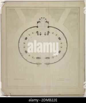 Piano terra di un Mausoleo proposto, R. H. Robertson e R. Burnside Potter, Architetti, americani, Brush e acquerello, grafite su tavola pesante, UNA galleria colonnata racchiude un cortile ovale. Lungo i lati lunghi si trova un ingresso monumentale, e di fronte ad una cappella funeraria., New York City, New York, USA, ca. 1920, architettura, disegno Foto Stock