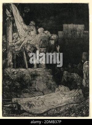 Discesa dalla Croce di Torchlight, Rembrandt Harmensz van Rijn, olandese, 1606–1669, incisione e punto di essiccazione su carta deperata biancastra, 1654, figure, Stampa Foto Stock