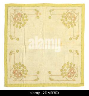 Tovaglia, Medium: lino, cotone tecnica: Ricamato su tessitura piana, tovaglia quadre bianco ha in ogni angolo due rose rosa stilizzate con foglie a forma di vanga giallo-verde chiaro. Roses reminiscenza del Glasgow rose design., USA, ca. 1900, ricamo e cucitura, tovaglia Foto Stock