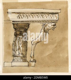 Tavolo da console, Giuseppe Barberi, 1746–1809, penna e inchiostro marrone, pennello e lavaggio marrone su carta defilata biancastra, Design per tavolo da console., Roma, Italia, 1746–1809, Mobili, disegno Foto Stock