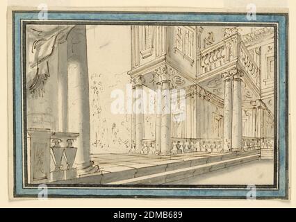 Scenografia: Atrio di una villa, penna e inchiostro, pennello e grigio, acquerello blu, grafite su carta; verso: Grafite, formato orizzontale. Scenato architettonico con vista degli angoli. Due scalini conducono al piano terra; è lastricato e delimitato da balaustre che collegano le colonne che sostengono il piano superiore. Un drappeggio si trova nell'angolo in alto a sinistra. Incorniciato da linee e strisce nere e blu. Verso, verticalmente: Disegno a matita ruvido di una posizione in piedi e due uomini seduti. Un quarto uomo è visibile solo in parte., Italia, fine XVIII secolo, teatro, disegno Foto Stock