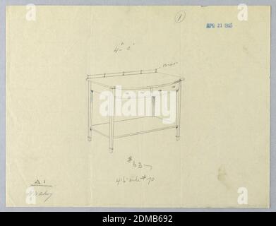 Design per tavolo di servizio con fronte convesso, A.N. Davenport Co., grafite su carta crema sottile, corpo oblungo con parte anteriore convessa, con 2 cassetti e rialzato su 4 gambe dritte rastremate; mensola inferiore rettangolare si aggancia appena sopra il livello del pavimento; ringhiera di ottone attraverso il retro del piano del tavolo., 21 aprile 1905, mobili, disegno Foto Stock