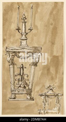 Design per un tavolo da console con Candlestick e letto, Giuseppe Barberi, italiano, 1746–1809, penna e inchiostro marrone, lavaggio a spazzola e biestre su carta lesa biancastra, rettangolo verticale. A sinistra, tavolo della console sostenuto da due gambe, che terminano in piedi di leone, gambe incavate colonne con aquile. Il candelabro sulla parte superiore del tavolo è costituito da una colonna monumentale con una lampada sulla parte superiore, alla quale sono fissate due braccia, ciascuna con una candela bruciante. Nell'angolo inferiore destro, vista del profilo di un letto in piedi sotto un baldacchino a forma di tenda. Sfondo colorato con lavaggio marrone, Roma, Italia, ca. 1790, mobili Foto Stock