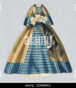 Costume di carta bambola in Blu e Oro, litografia, pennello e acquerello su carta color crema pesante wove, vestito blu e oro, blu ha motivo a strisce nere. Il frassino marrone scuro scende dalla vita. Entrambi i lati di questa bambola di carta vestito rappresentato., USA, 1876–80, giocattoli e giochi, Stampa Foto Stock