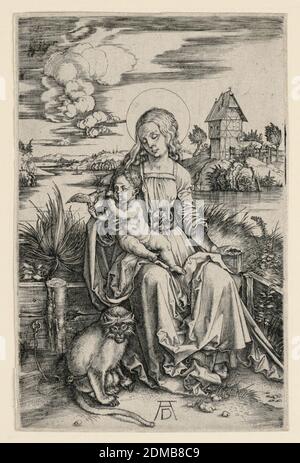 La Vergine con la scimmia, Albrecht Dürer, tedesco, 1471–1528, incisione su carta deposta, Vergine che tiene il Bambino in grembo tenendo un uccello. A sinistra si trova una scimmia seduta., Germania, ca. 1506, figure, Stampa Foto Stock