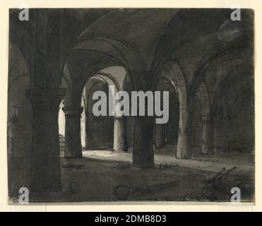 Stage Design, Crypt, Romolo Achille Liverani, Italiano, 1809 - 1872, Alessandro Sanquirico, Italiano, 1777 - 1849, inchiostro penna e seppia, pennello e lavaggio su carta, rettangolo orizzontale. Cripta, volte sorrette da colonne, scale che vi conducono dall'alto a sinistra., Italia, primi anni del XIX secolo, teatro, disegno Foto Stock