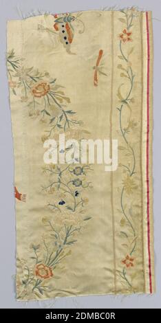 Fragment, Medium: silk Technique: embroidered on satin, Fragment of the outer border with flowers, vines and ribbons., China, 18th century, embroidery & stitching, Fragment Stock Photo