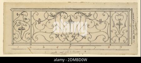 Disegno per un balcone di ferro battuto, matita, penna, inchiostro, pennello, e nero cinese su carta, sezione centrale: Un'escutcheon è fiancheggiata da scrolls. Sezione sinistra suggerisce una forma triangolare sopra una forma di schermo, il triangolo ha inteso avere una controparte simmetrica nella sezione destra. Sezione destra: Forma di scudo, su una base. Scala in basso e a destra. Include suggerimenti alternativi per le sezioni laterali., Francia, ca. 1750, disegno Foto Stock