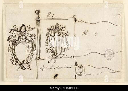 Tre bozzetti per uno standard di Papa Benedetto XIV, Carlo Marchionni, italiano, 1702–1786, inchiostro penna e seppia su carta, un disegno per lo stemma, per la forma di tutto il pennon e per la sua parte rettangolare recante lo stemma, Con la parte superiore della barra e l'indicazione della sua lunghezza e della parte triangolare, Roma, Italia, 1740–58, ornamento, disegno Foto Stock