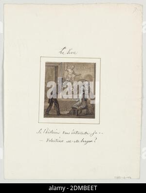 Disegno per una lastra di porcellana dipinta, le Lion (Leo) del Servizio le Zodiaque Travesti, Jean Charles Develly, francese, 1783 - 1849, penna e marrone, inchiostro nero, pennello e marrone, lavaggio nero, rosa, acquerello marrone, gouache bianco, grafite su carta panna posata montata su carta panna defilata, Bordo rigato in penna e inchiostro marrone, disegno per una lastra di porcellana verniciata, formato quadrato. Ambientazione in un museo. Figura di un uomo in un cappello, primo piano sinistro, punta ad un grande dipinto sulla parete di un uomo che tiene un coltello sopra un leone. Foto Stock