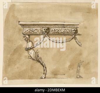 Tavolo da console, Giuseppe Barberi, italiano, 1746–1809, penna e inchiostro marrone, pennello e lavaggio marrone su carta defilata biancastra, tavolo da console, Roma, Italia, 1746–1809, arredamento, disegno Foto Stock