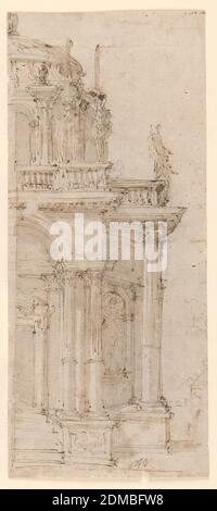 Disegno per una catafalque, Domenico Antonio Vaccaro, 1678–1745, penna e inchiostro marrone, pennello e lavaggio marrone su carta deformata biancastra, su foglio verticale stretto, disegno architettonico per una catafalque che mostra il lato destro della struttura a due piani, la porta fiancheggiata da colonne, tetto a cupola., Napoli, Italia, Fine del XVII-metà del XVIII secolo, architettura, disegno Foto Stock