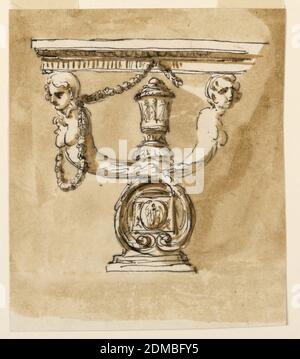 Tavolo da console, Giuseppe Barberi, 1746–1809, penna e inchiostro marrone, pennello e lavaggio marrone su carta defilata biancastra, Design per tavolo da console., Roma, Italia, 1746–1809, Mobili, disegno Foto Stock