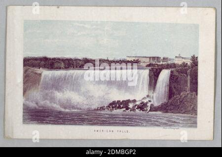 Cascate Americane dalle Cascate del Niagara: Essere una guida completa, incisione a colori del legno su cartoncino bianco, rettangolo orizzontale, USA, ca. 1857, Paesaggi, Stampa Foto Stock