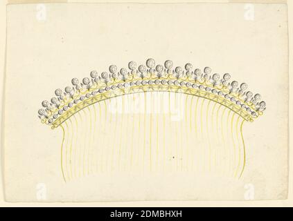 Disegno per un pettine, penna e inchiostro, pennello e grigio, acquerello giallo su carta, gioielli design per un pettine per capelli destinato ad essere eseguito in metallo dorato, parzialmente inciso e diamanti. Trentacinque denti. La bassa crostatura è divisa in tre file. Sotto, festoni da drappeggio in incisione. Al centro, una catena di diamanti; bordo crestante con alternanza: Un gambo di fiore con un diamante in fiore e due foglie e un gambo accatastato con un diamante piccolo sotto e un diamante grande sopra, collegato da curve., Italia, ca. 1830, gioielli, disegno Foto Stock