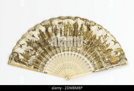 Pleated fan, Paper leaf with gilded chromolithograph, pierced ivory sticks, Pleated fan. Paper leaf with chromolithograph. Obverse: a lady with her pet birds, a lady visiting a fortune teller, gold arabesques on a blue field, putti, devils. Reverse: three chinoiseries in gilt and black. Pierced ivory sticks., France, ca. 1860, costume & accessories, Pleated fan Stock Photo