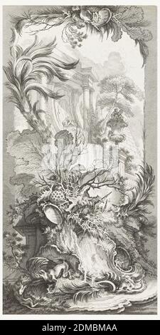 Rocaille (rococo design), in Nouveaux morceaux pour des paravents (nuovi concetti per gli schermi), François Boucher, francese, 1703 – 1770, Claude Augustin Duflos, francese, 1700–1786, incisione, incisione su carta bianca, fontana a conchiglia su un cumulo di rockwork in primo piano, con due scimmie a sinistra. Sullo sfondo, un portico tempio ospita un'altra fontana, con vaso e piramide accanto., 1730, ornamento, Stampa Foto Stock