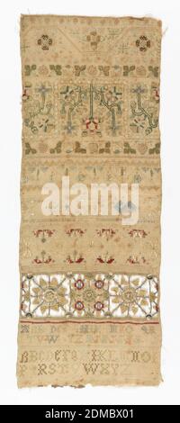 Sampler, Medium: linen, silk Technique: embroidered, A series of embroidered bands with floral and geometric motifs and two alphabets rendered in different stitches., England, 17th century, embroidery & stitching, Sampler Stock Photo