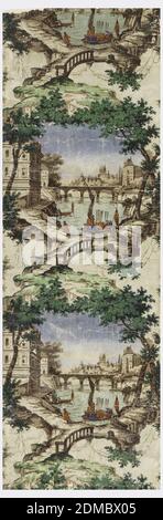 Sidewall, Block-printed on machine-made paper, Vignettes of river bank with bridge and buildings., France, ca. 1840, Wallcoverings, Sidewall Stock Photo