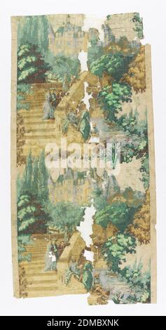 Sidewall, Block-printed, machine-made paper, Courtiers and ladies dallying on bridge., possibly France, possibly USA, 1850–1900, Wallcoverings, Sidewall Stock Photo