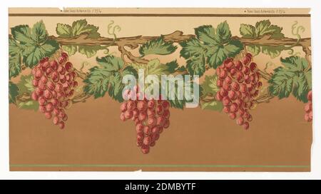 Frieze, York Card & Paper Co., 1891, carta stampata a macchina, grandi grappoli di uva e foglie appendono dalla vite. Stampato in rosso, verde e marrone, su sfondo che sfuma dall'abbronzatura in alto al marrone in basso, York, Pennsylvania, USA, 1905–1915, Wallcoverings, Frieze Foto Stock