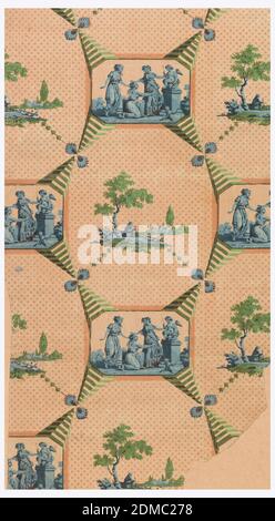 Offering to Cupid, Block-printed on joined sheets of handmade paper, Printed in peach and green, an interesting blend of neoclassical ornament and a small landscape, surrounded by striped cone-shaped framing elements., France, ca. 1800, Wallcoverings, Sidewall, Sidewall Stock Photo