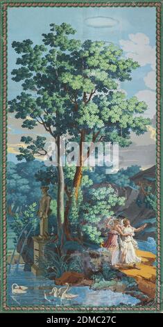 Telemachus sull'isola di Calypso, Xavier Mader, Joseph Dufour et Cie., francese, 1752–1827, stampato su fogli Uniti, un pannello, composto da due larghezze di carta da parati scenografica. I pannelli raffigurano Calypso in piedi su uno sperone roccioso, accanto ad un Caryatid che versa l'acqua dai vasi in uno stagno. Tre cigni nuotano nello stagno. Immerso in un paesaggio lussureggiante. Il pannello panoramico è incorniciato da una passementerie o da un bordo di fantasia gimp., Parigi, Francia, 1815–20, Wallcoverings, Scenic, Scenic Foto Stock