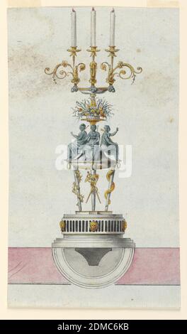 Disegno per Candlestick, Luigi Righetti, 1780 - 1819, penna e inchiostro, lavaggio a spazzola e seppia, acquerello, grafite su carta azzurro, rettangolo verticale. Disegno di un candelabro destinato ad essere realizzato in bronzo dorato e verde e marmo bianco. Su una base semicircolare con una banda scanalata nera, decorata con tre maschere dorate a leoni, si erge un treppiede. Circa due delle gambe sono avvolte rispettivamente una vite e un serpente--intorno alla terza gamba sul davanti è un caduceo incrociato e un randello. Al bordo del treppiede ci sono tre figure femminili sedute di allegorie. Foto Stock