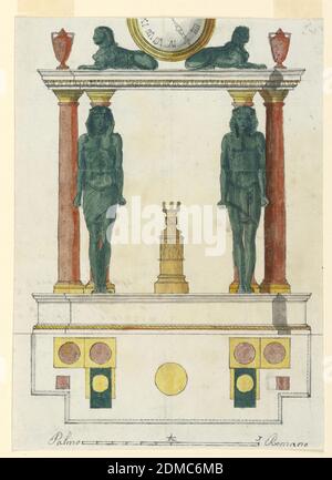 Disegno per un Orologio a vaso in stile egiziano Luigi Righetti, 1780 - 1819, penna e inchiostro, lavaggio a spazzola e seppia, acquerello, grafite su carta, rettangolo verticale. Disegno per un orologio a vaso destinato ad essere eseguito in bronzo verde e dorato, e marmo bianco e rosso. Due coppie di colonne poste su una base sostengono un architrave, sul quale si trovano due sfingi, che sostengono l'orologio; due urne si trovano all'esterno. Davanti alle colonne interne si trovano due figure maschili egiziane, un altare circolare al centro. Vista in pianta sotto elevazione, scala in basso, Roma, Italia, ca. 1800, orologi Foto Stock