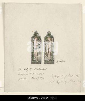 Adam and Eve, Design for Stained Glass Window, Frankby Church, Birkenhead (Cheshire), Inghilterra, Sir Edward Burne-Jones, Inglese, 1833–1898, penna e inchiostro, pennello e acquerello su carta, due pannelli di finestre che mostrano Adamo ed Eva contro gli alberi., Inghilterra, 27 maggio 1870, architettura, interni, disegno Foto Stock