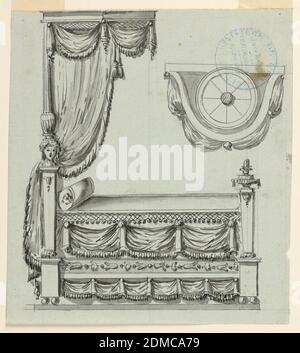 Disegno originale, Cahier VII, piatto 1, Richard de Lalonde, francese, attivo 1780–96, penna e inchiostro nero, pennello e lavaggio su carta verdastra, vista del profilo e pianta del letto con tendaggi e busto femminile posto decorativo., Francia, 1770–96, mobili, disegno Foto Stock