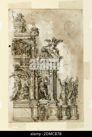 Design for an Alter, Leonardo Scaglia, francese, Active Italy, 1640 – 1650, Leonardo Scaglia, francese, Active Italy, 1640 – 1650, penna e biestre, pennello e lavaggio su carta, metà destra dell'alter mostrato. Al centro si trova una rappresentazione scultorea dell'Adorazione dei Re. Nel compartimento laterale è una nicchia con una statua di Saint Roche. Sotto è un rilievo di una santa femmina., Francia, ca. 1640–50, architettura, interni, disegno Foto Stock