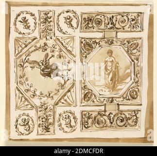 Design per decorazione a soffitto, Giuseppe Barberi, 1746–1809, penna e inchiostro marrone, pennello e lavaggio marrone su carta lignata biancastra, Roma, Italia, 1746-1809, interni, disegno Foto Stock