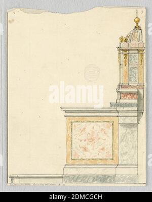 Progetto per altare: Da eseguire con marmo colorato e bronzo dorato, matita, penna, inchiostro nero, pennello e vari colori d'acqua su carta cremosa leggera, composizione verticale di un altare mostrato in profilo. Le linee di inquadratura a sinistra, a destra e in basso sono state solo parzialmente conservate., Italia, 1780–1800, religione, disegno Foto Stock