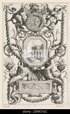 Pannello ornamentale sormontato da un medaglione con sacrificio, piatto 5 dal Livre de diverses grottesques Peintes dans le Cabinet et Bains de la Reyne Regente, au Palais Royal, Michel Dorigny, 1617 – 1665, Simon Voüet, 1590 – 1649, incisione con incisione su carta bianca, Francia, 1647, Ornamento, Stampa Foto Stock